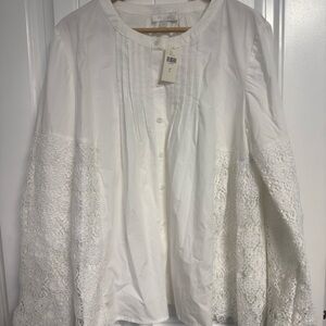 Anthropologie White Button-Front Blouse with Lace Panel Sleeves